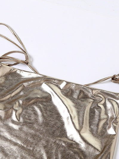 Metallic Coated Deep Neck Backless Evening Dress - View 2 | VelvetHem