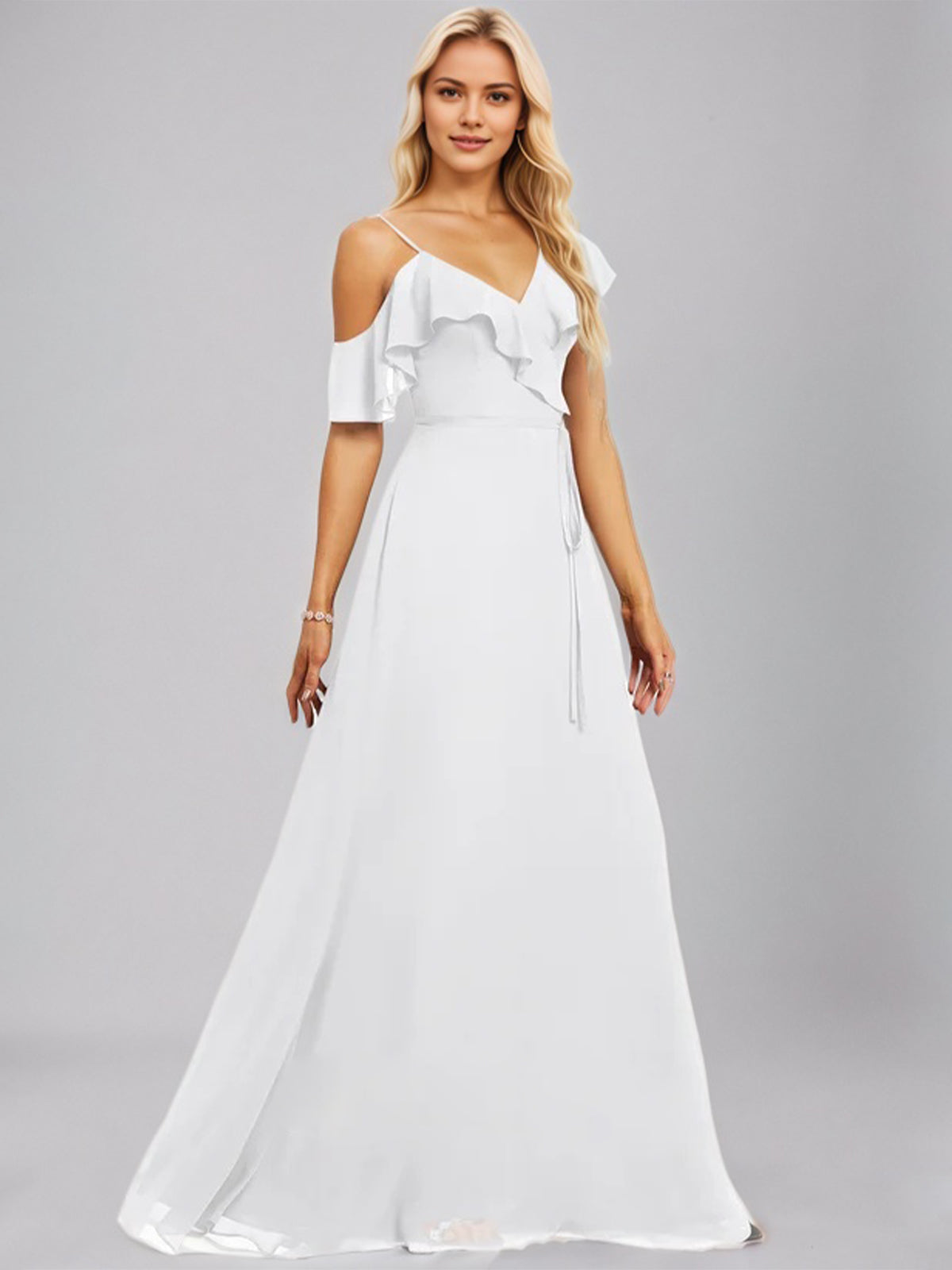White A-Line Asymmetrical Floor-Length Chiffon Bridesmaid Dress With Ruffle