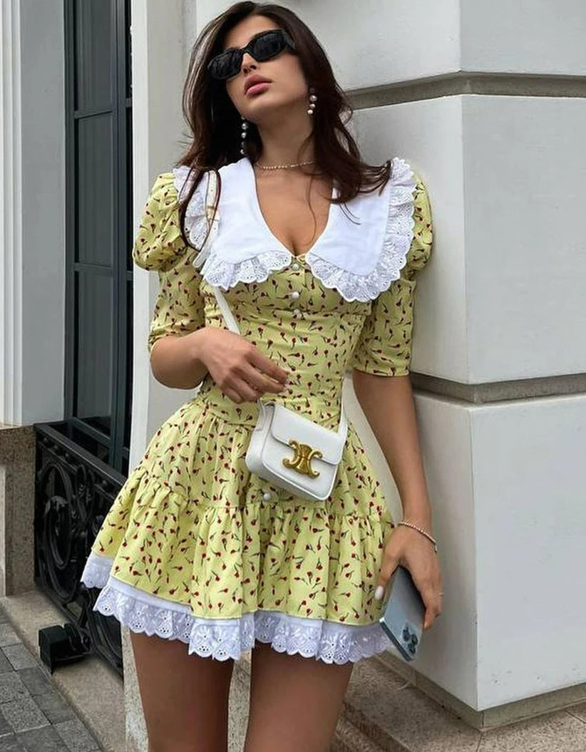 Lace Patchwork Doll Collar Mini Dress - View 3 | VelvetHem