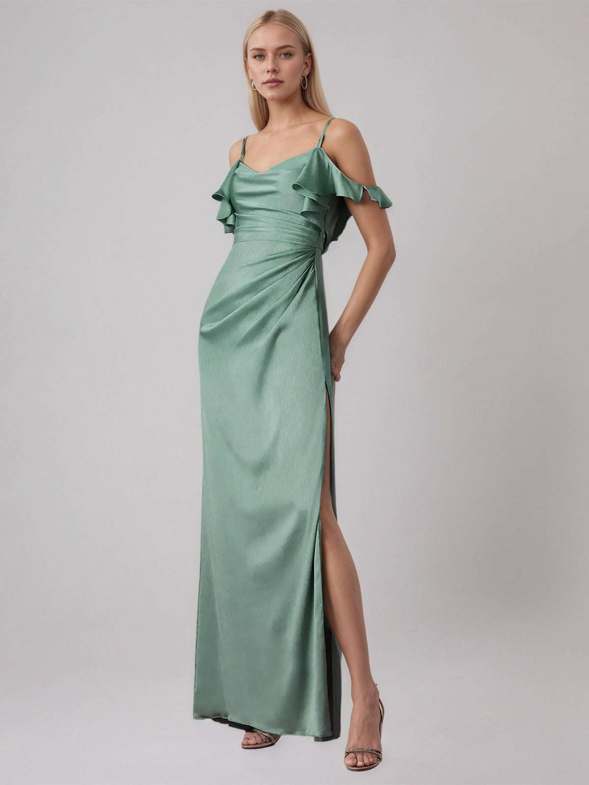 Ice Blue Sheath/Column Satin Spaghetti Straps Sleeveless Floor Length Dress