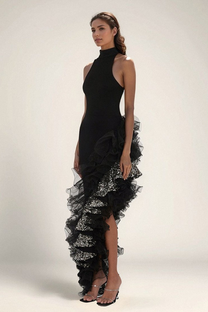 Black Ruffled Mesh Dress with Relaxed Fit and Boutique Fashion Look