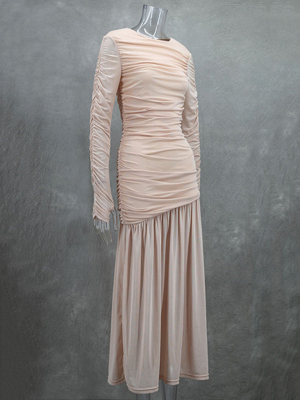 Long Sleeves Skinny Pleated See-Through Solid Color Split-Joint Round-Neck Evening Dresses Maxi Dresses - View 11 | VelvetHem