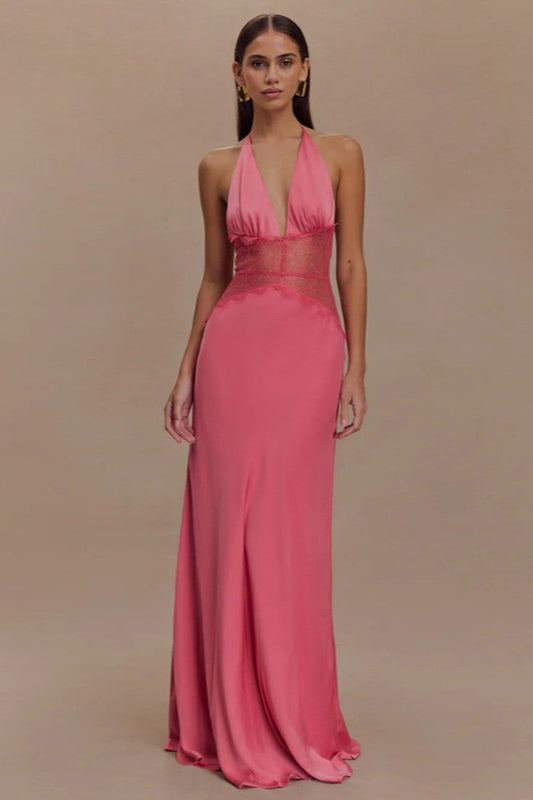 Deep V High-Waist Halter Backless Midi Silk Dress - View 5 | VelvetHem
