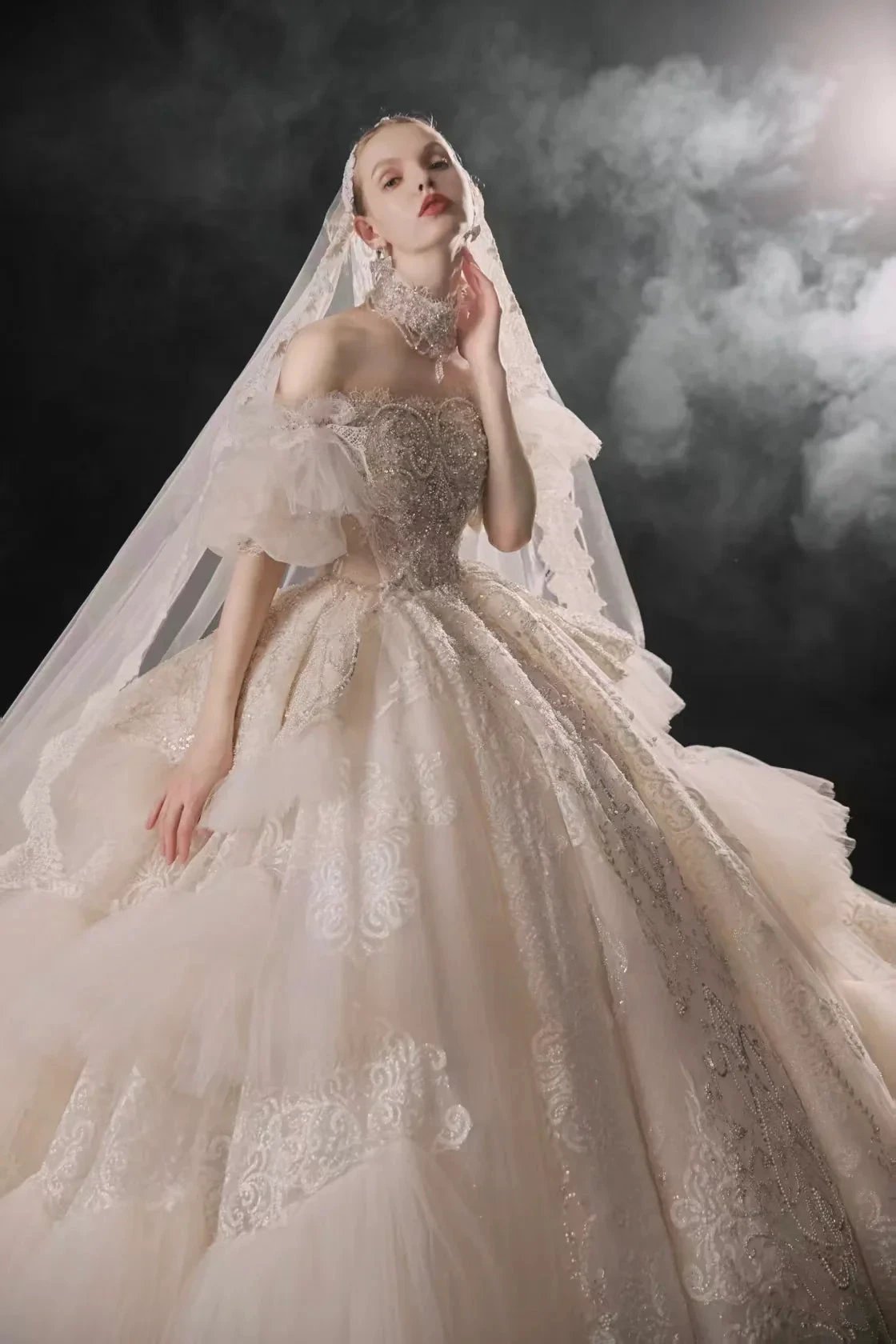Opulent Off-the-Shoulder Ball Gown Tulle Puff Sleeve Beaded Lace Wedding Dress with Layered Ruffled Train & Choker Q6001 by ZAPDRESS