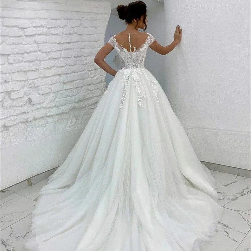 Princess Lace Tulle A Line Wedding Dress Sweetheart Cap Sleeve 3D Appliques Boho Bridal Gowns For Woman Button Vestidos De Novia (ZD13372)