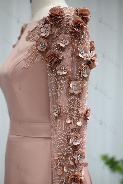 A Line Bateau Evening Formal Dress Long Sleeves Sweep With Flower Appliques