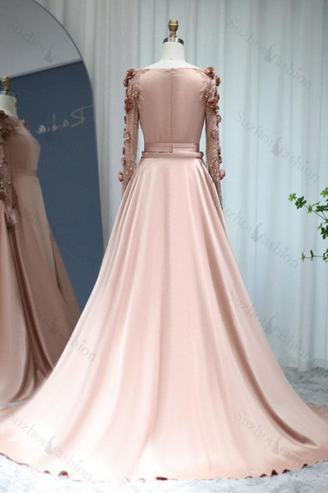 A Line Bateau Evening Formal Dress Long Sleeves Sweep With Flower Appliques