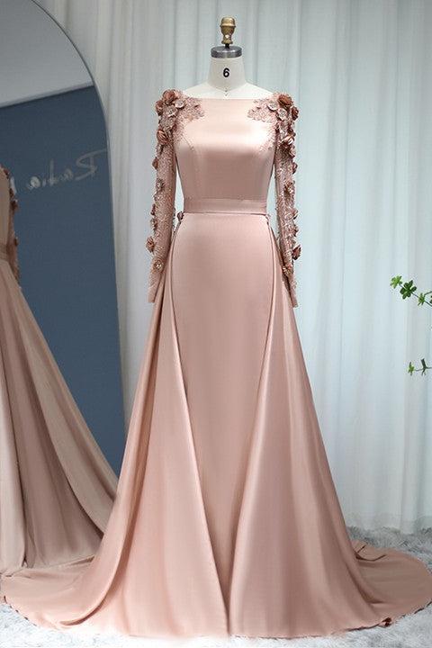 A Line Bateau Evening Formal Dress Long Sleeves Sweep With Flower Appliques