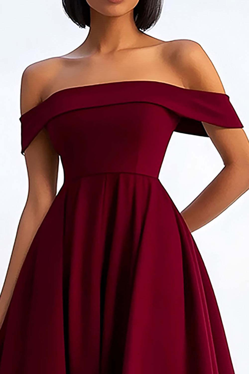 A Line Burgundy Wedding Guest Dress Ruched Tea-Length Formal Dress