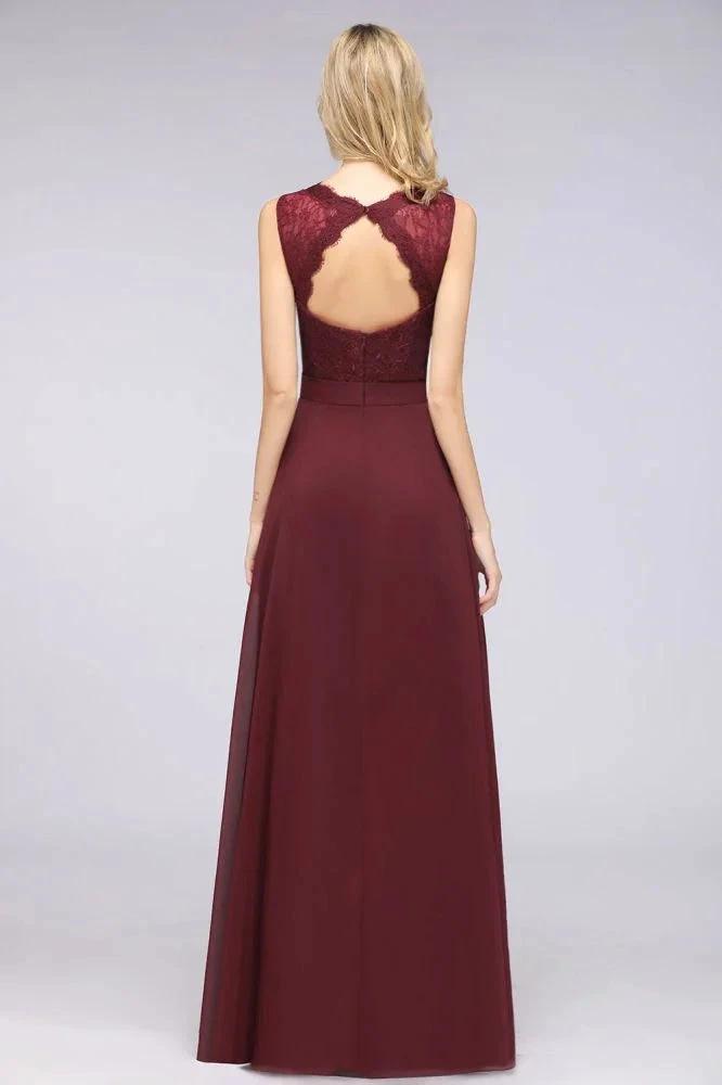 A-Line Chiffon Lace V-Neck Sleeveless Floor-Length Bridesmaid Dresses with Ruffles (ZD13101)