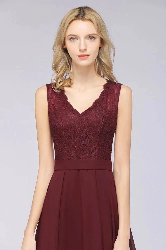 A-Line Chiffon Lace V-Neck Sleeveless Floor-Length Bridesmaid Dresses with Ruffles (ZD13101)