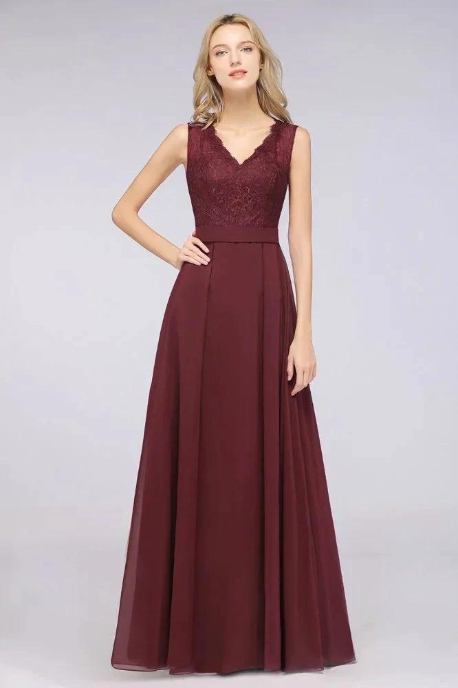 A-Line Chiffon Lace V-Neck Sleeveless Floor-Length Bridesmaid Dresses with Ruffles (ZD13101)