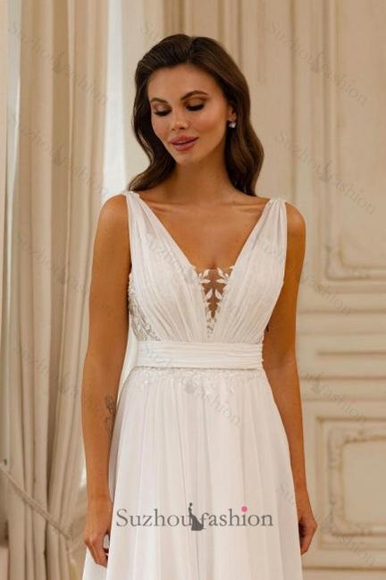 A Line Chiffon Lace V Neck Sleeveless White Wedding Dress Bridal Gown With Openback