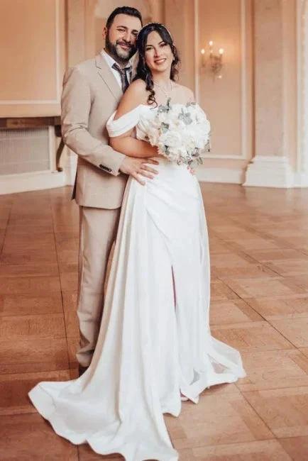 A-Line Elegant V-Neck Off-The Shoulder Split Front Strapless Wedding Dresses with Ruffles (ZD15746)