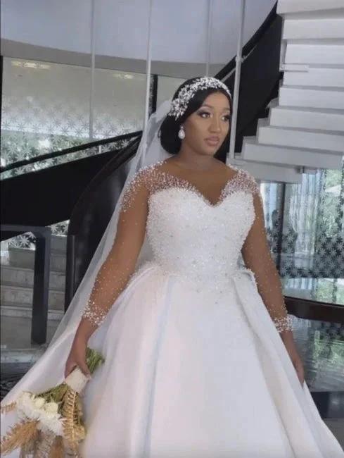 A-Line Exquisite Floor-Length Long Sleeve Lace V-Neck Tulle Wedding Dresses with Beadings (ZD15758)