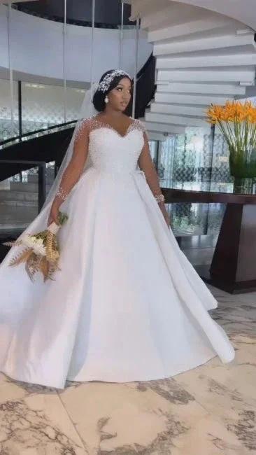 A-Line Exquisite Floor-Length Long Sleeve Lace V-Neck Tulle Wedding Dresses with Beadings (ZD15758)