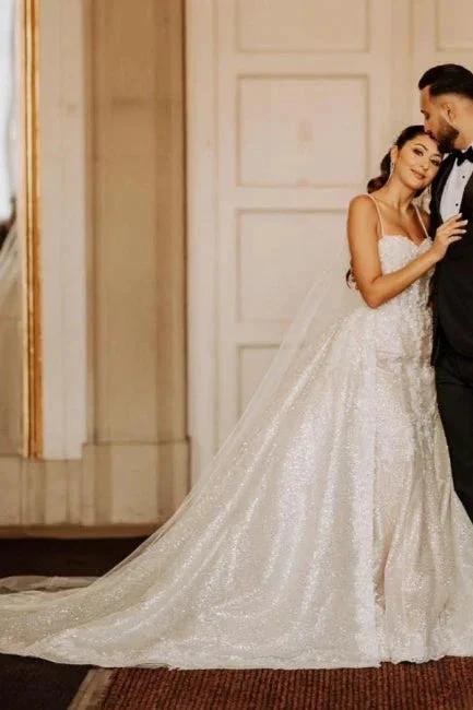 A-Line Floor-Length Stain Tulle Sweetheart Spaghetti Straps Wedding Dresses with Appliques (ZD15734)