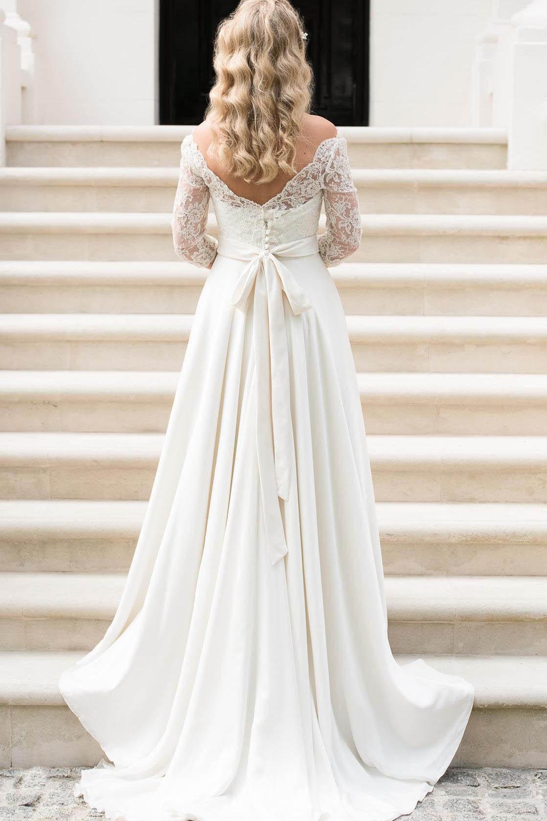 A Line Half Sleeve Lace Beach Wedding Dress Off Shoulder V Back Bohemian Bridal Gown