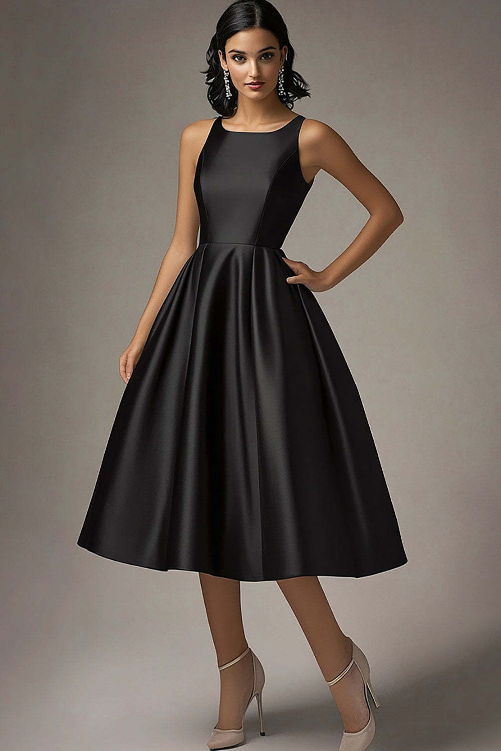 A Line Knee-Length Scoop Neck Black Wedding Guest Dress Formal Dress