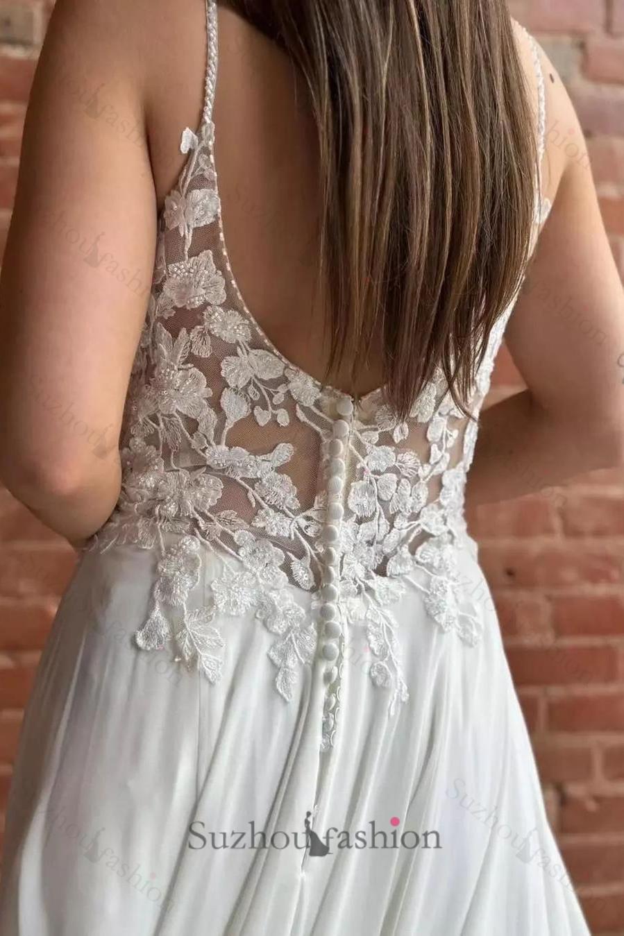 A Line Lace Spaghetti Straps Sleeveless White Beach Wedding Dress Bridal Gown With Split Train