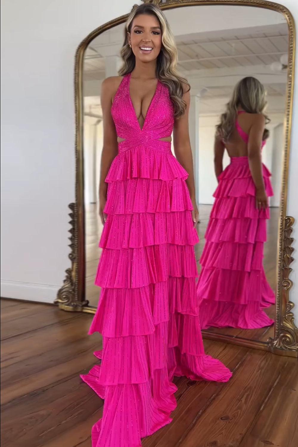 A-Line Lilac Prom Dress Tiered Halter Long Formal Dress With Slit