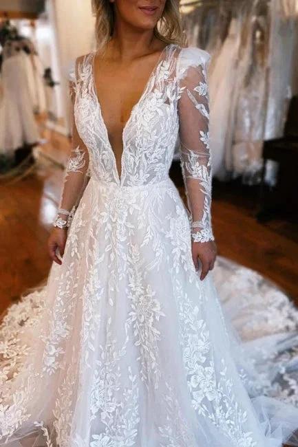 A-Line Long Sleeve Floor-Length Fabulous V-Neck Tulle Wedding Dresses with Appliques (ZD15753)