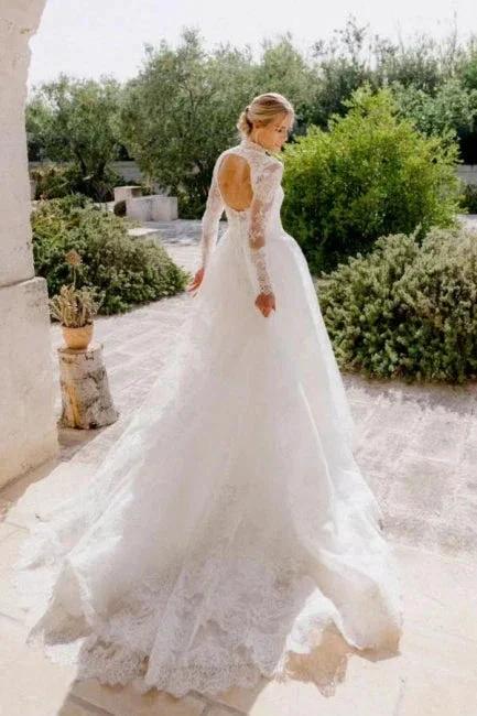 A-Line Long Sleeve Square Neck Floor-Length Tulle Open Back Wedding Dresses with Lace (ZD15740)