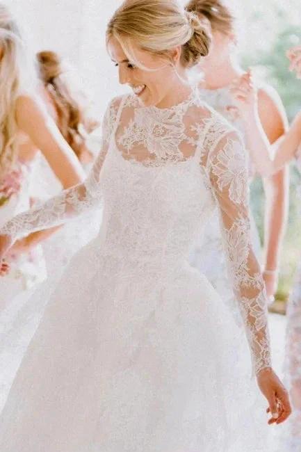 A-Line Long Sleeve Square Neck Floor-Length Tulle Open Back Wedding Dresses with Lace (ZD15740)