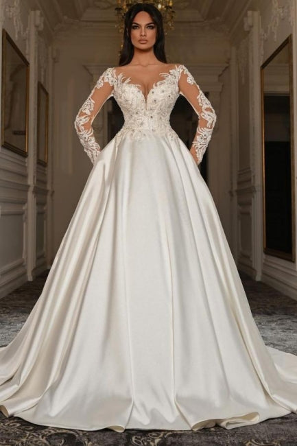 A Line Long Sleeve White Wedding Dress Beaded Lace Up Lace Ball Gown Bridal Gown With Pearls