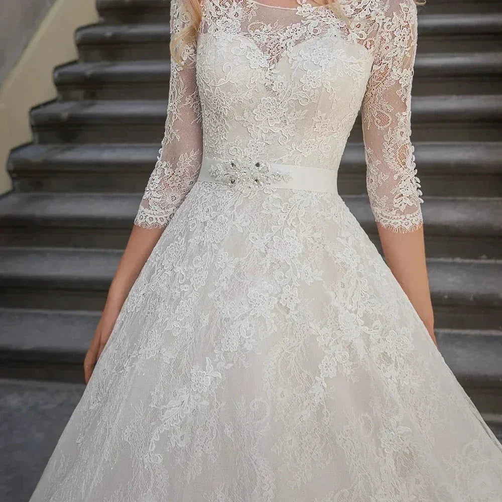 A-Line Luxury Wedding Gowns Lace Applique 3/4 Sleeve Wedding Party Bridal Dresses Vestidos Baratos Con Envio Gratis Robe De (ZD14165)