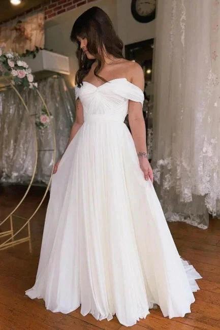 A-Line Off-The-Shoulder Floor-Length Short Sleeve Stain Wedding Dresses with Ruffles (ZD16481)