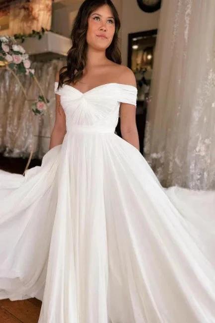 A-Line Off-The-Shoulder Floor-Length Short Sleeve Stain Wedding Dresses with Ruffles (ZD16481)