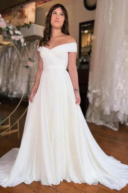 A-Line Off-The-Shoulder Floor-Length Short Sleeve Stain Wedding Dresses with Ruffles (ZD16481)