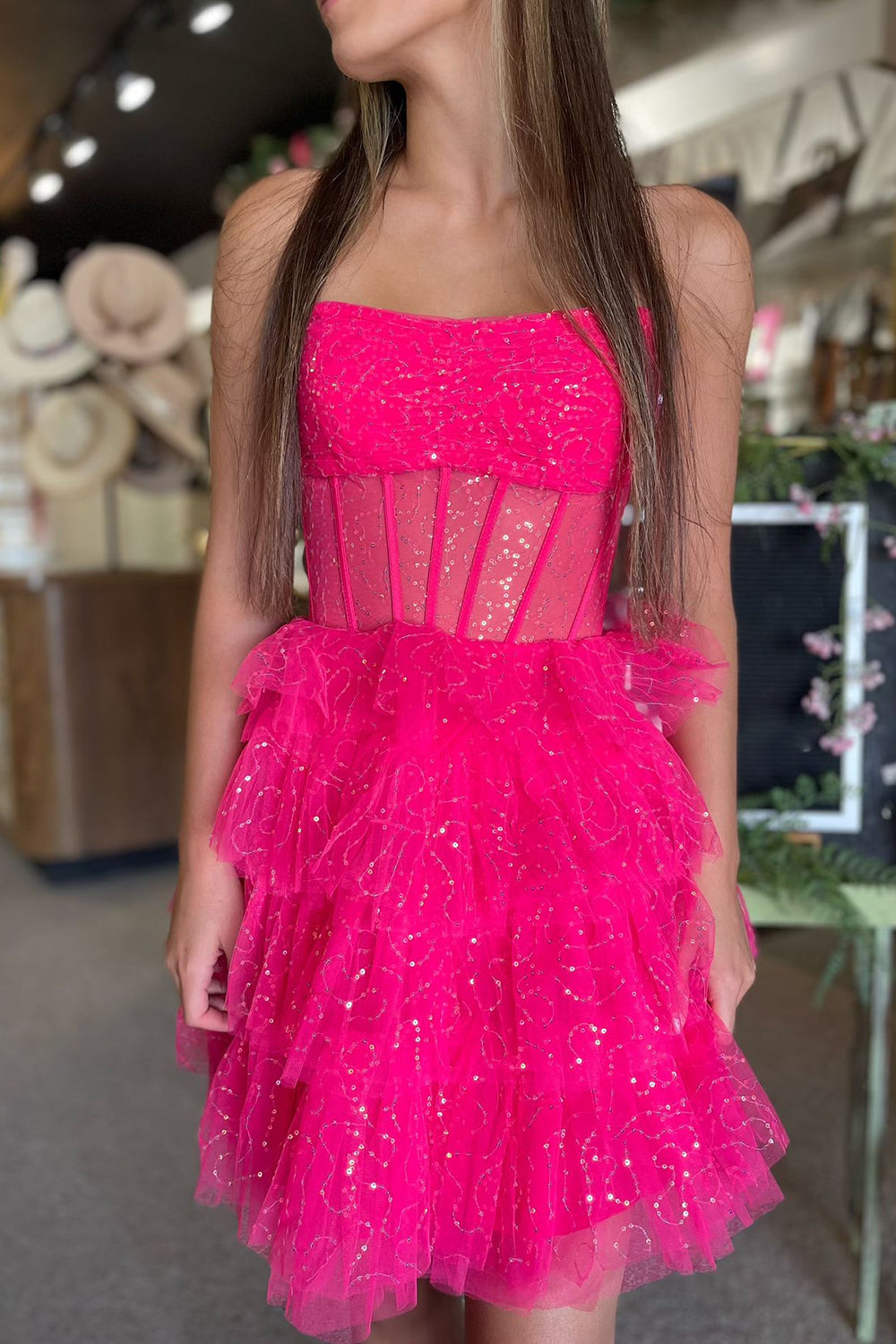 A-Line Pink Homecoming Dresses Corset Tiered Tulle Short Cocktail Dresses