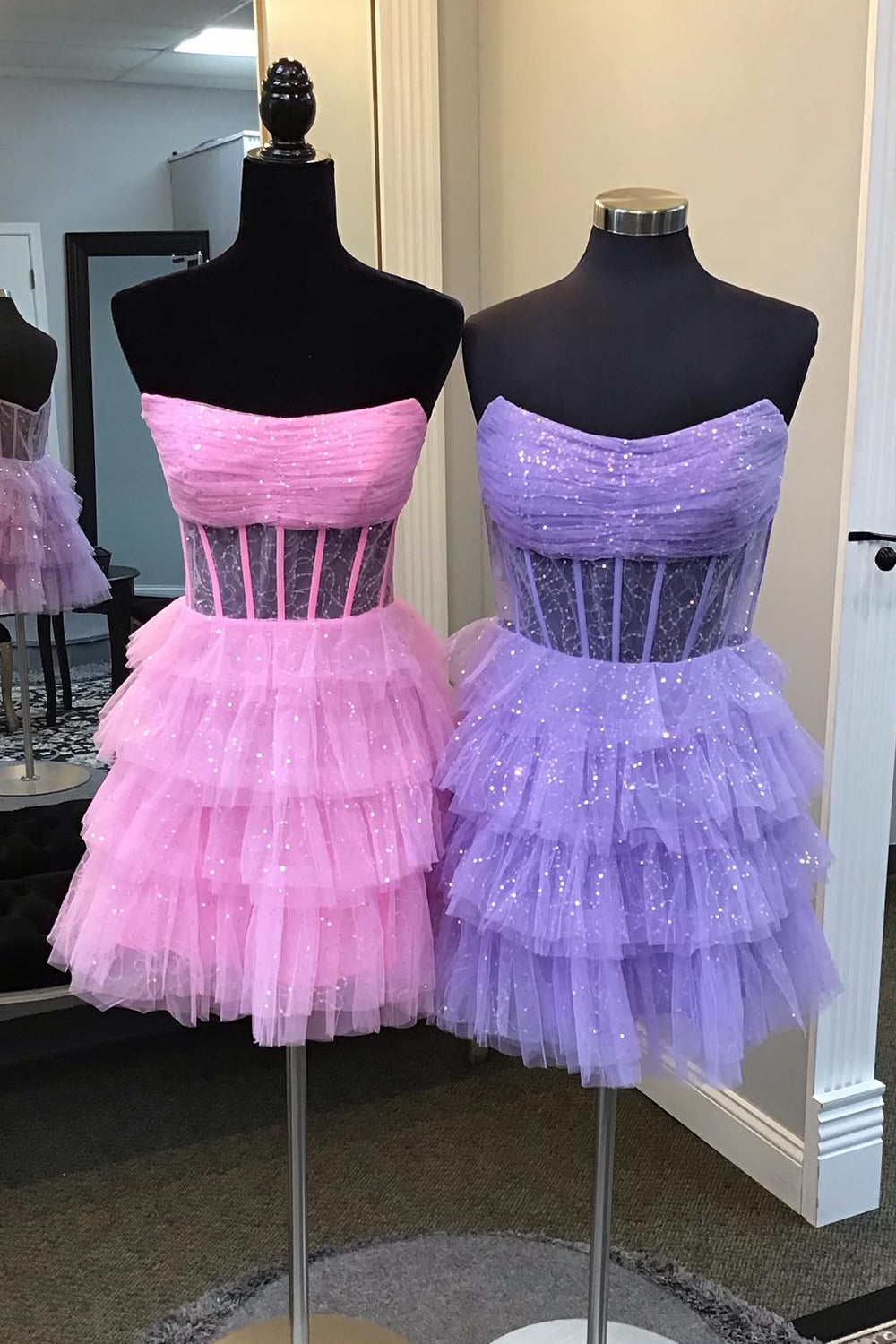 A-Line Pink Homecoming Dresses Corset Tiered Tulle Short Cocktail Dresses
