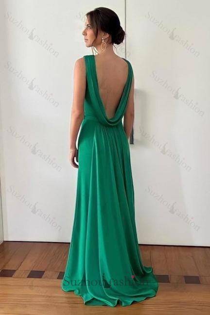 A Line Satin Wedding Guest Dress Sleeveless Green Prom Dress Formal Dress