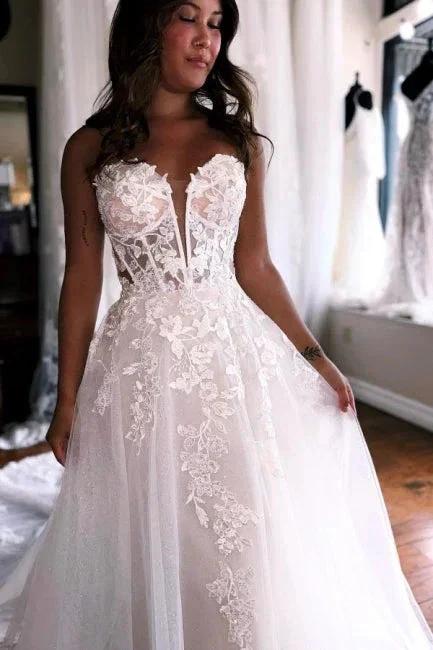 A-Line Sleeveless Floor-Length Tulle Sweetheart Wedding Dresses with Appliques (ZD15754)