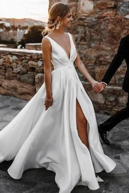 A-Line Stain V-Neck Split Front Sleeveless Wedding Dresses with Ruffles (ZD15730)