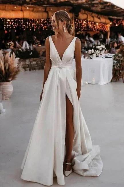 A-Line Stain V-Neck Split Front Sleeveless Wedding Dresses with Ruffles (ZD15730)