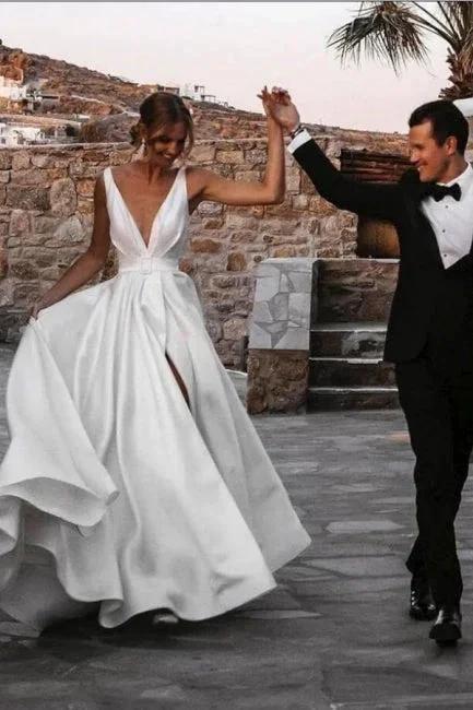 A-Line Stain V-Neck Split Front Sleeveless Wedding Dresses with Ruffles (ZD15730)