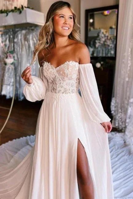 A-Line Sweetheart Long Sleeve Split Front Stain Wedding Dresses with Lace (ZD16482)