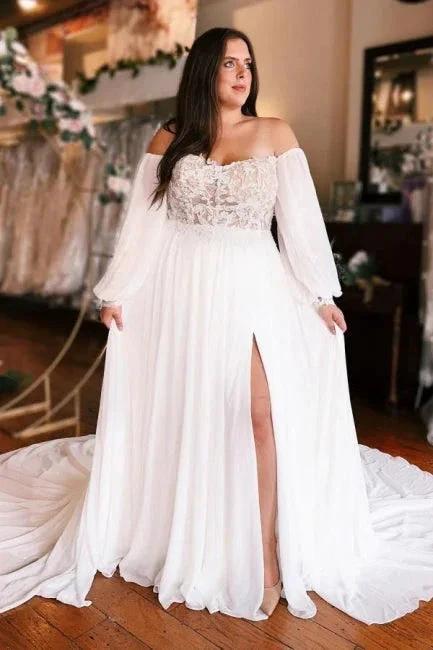 A-Line Sweetheart Long Sleeve Split Front Stain Wedding Dresses with Lace (ZD16482)