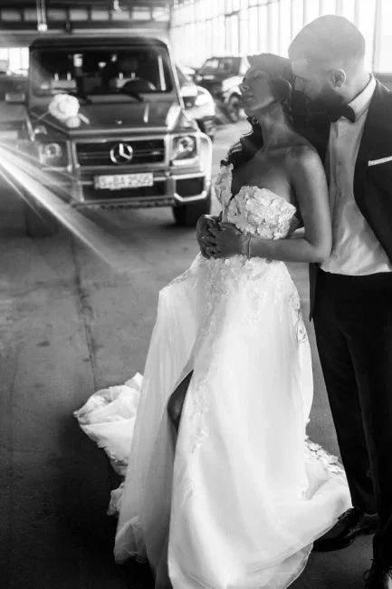 A-Line Tulle Sleeveless Floor-Length Sweetheart Split Front Wedding Dresses with Appliques (ZD15732)