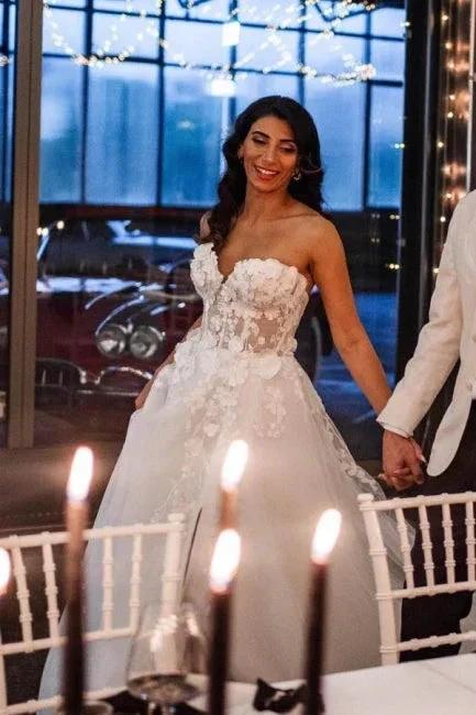 A-Line Tulle Sleeveless Floor-Length Sweetheart Split Front Wedding Dresses with Appliques (ZD15732)