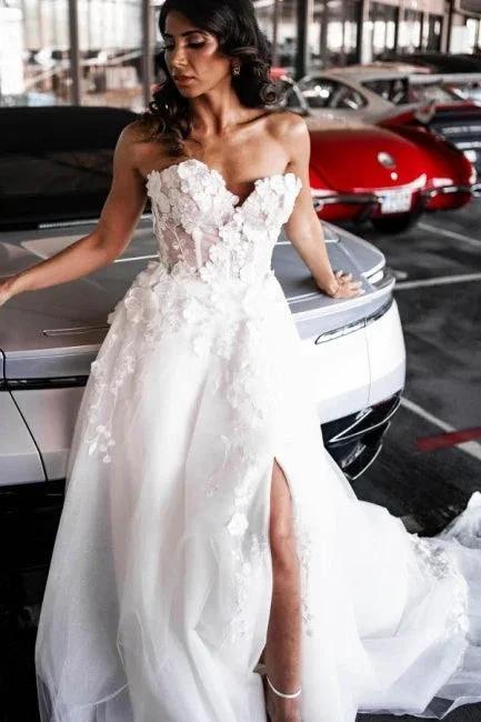 A-Line Tulle Sleeveless Floor-Length Sweetheart Split Front Wedding Dresses with Appliques (ZD15732)