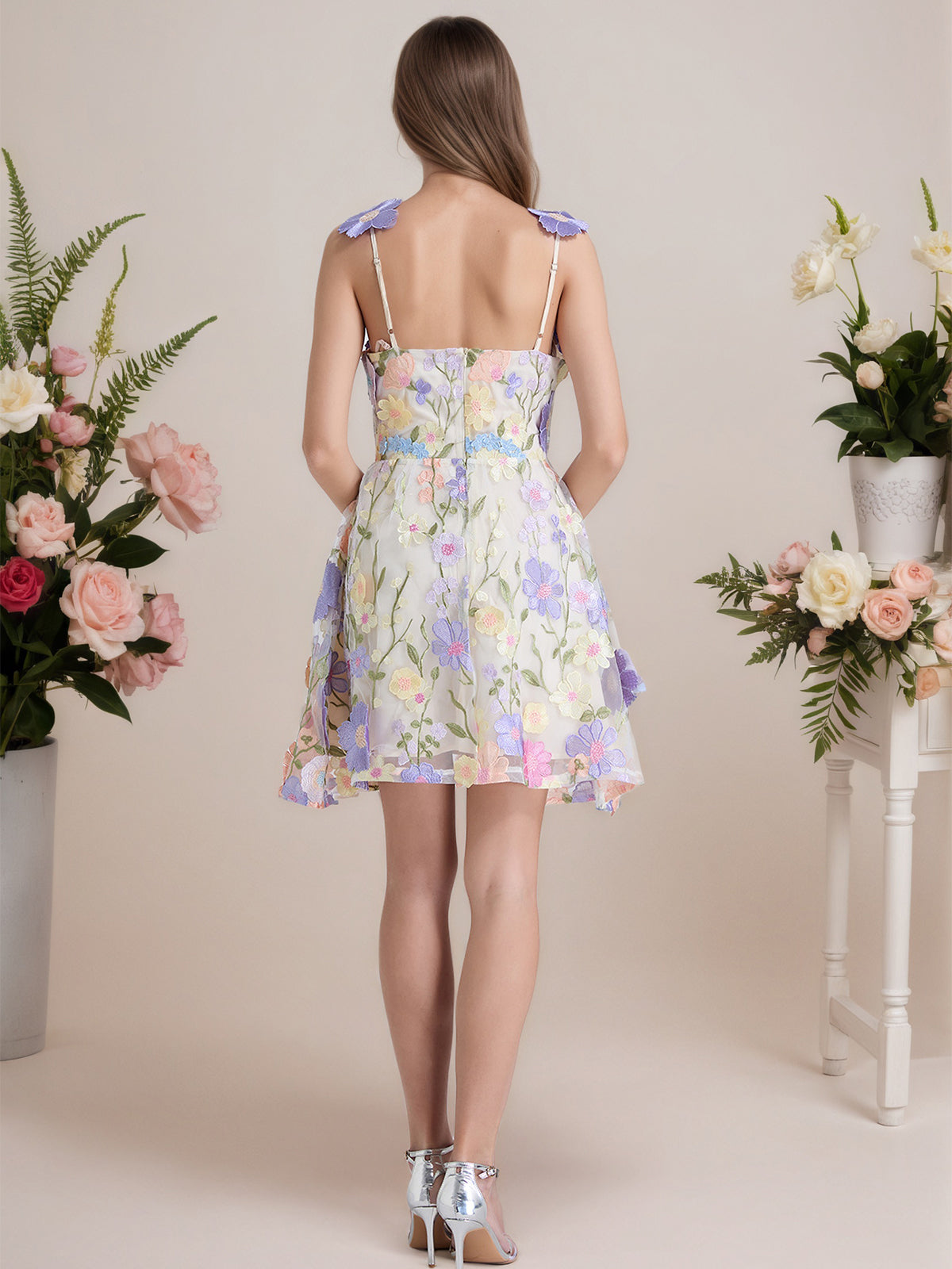 A-Line 3D Floral Short Purple Homecoming Mini Dress