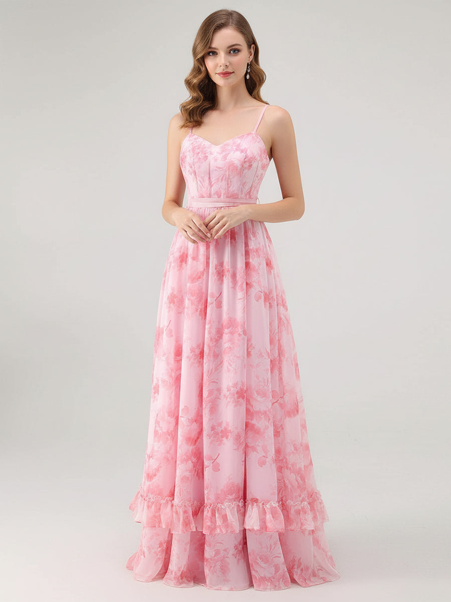 A-Line Chiffon Floral Bridesmaid Dress with Ruffles