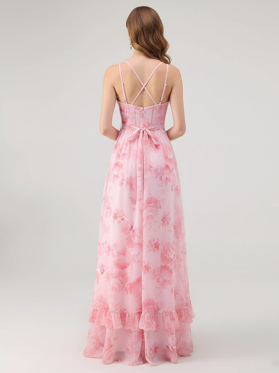 A-Line Chiffon Floral Bridesmaid Dress with Ruffles
