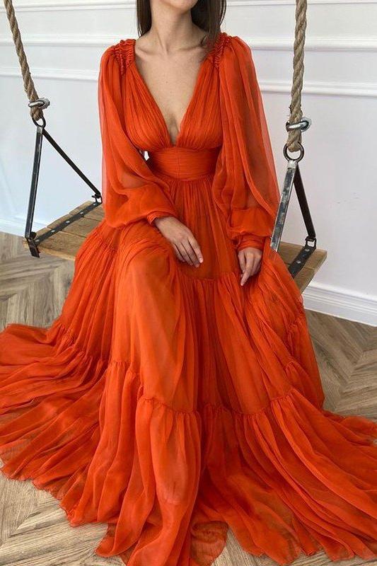 A-Line/Elegant V-neck Long Sleeves 3D Chiffon Ruffles Prom Dresses