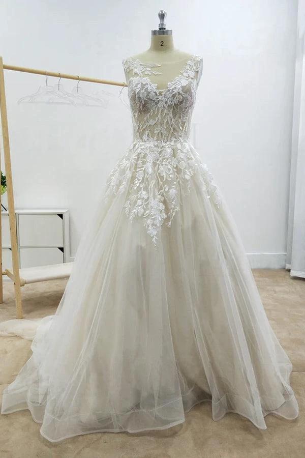 A-line Floral Applique Beach Wedding Dresses Backless Wedding Gown (ZD15301)
